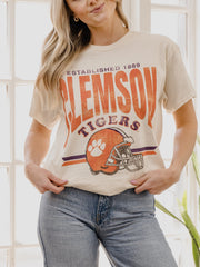 Clemson Tigers Established Date Helmet Off White Thrifted Tee