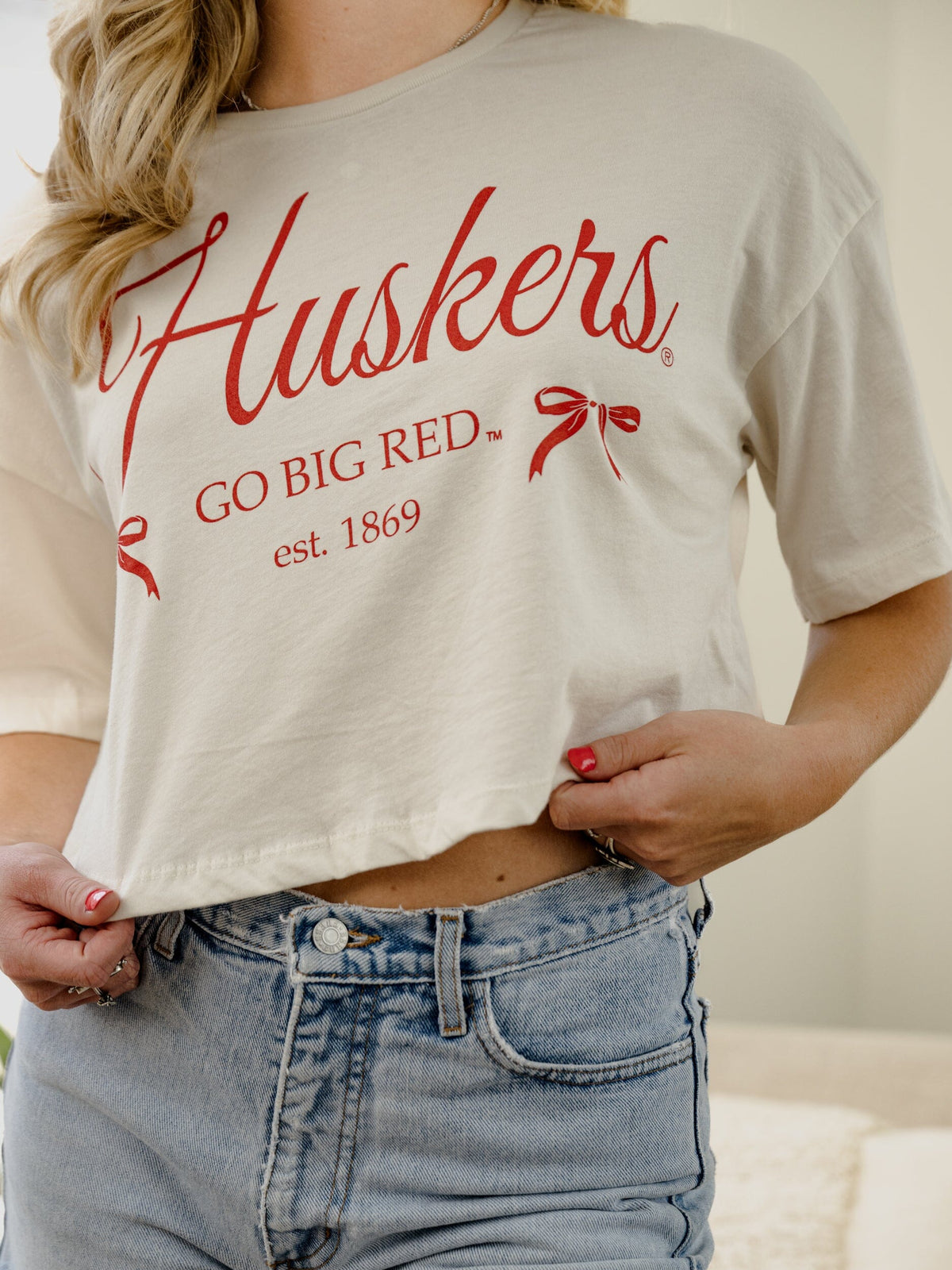 Nebraska Huskers Established Bows Off White Cropped Tee