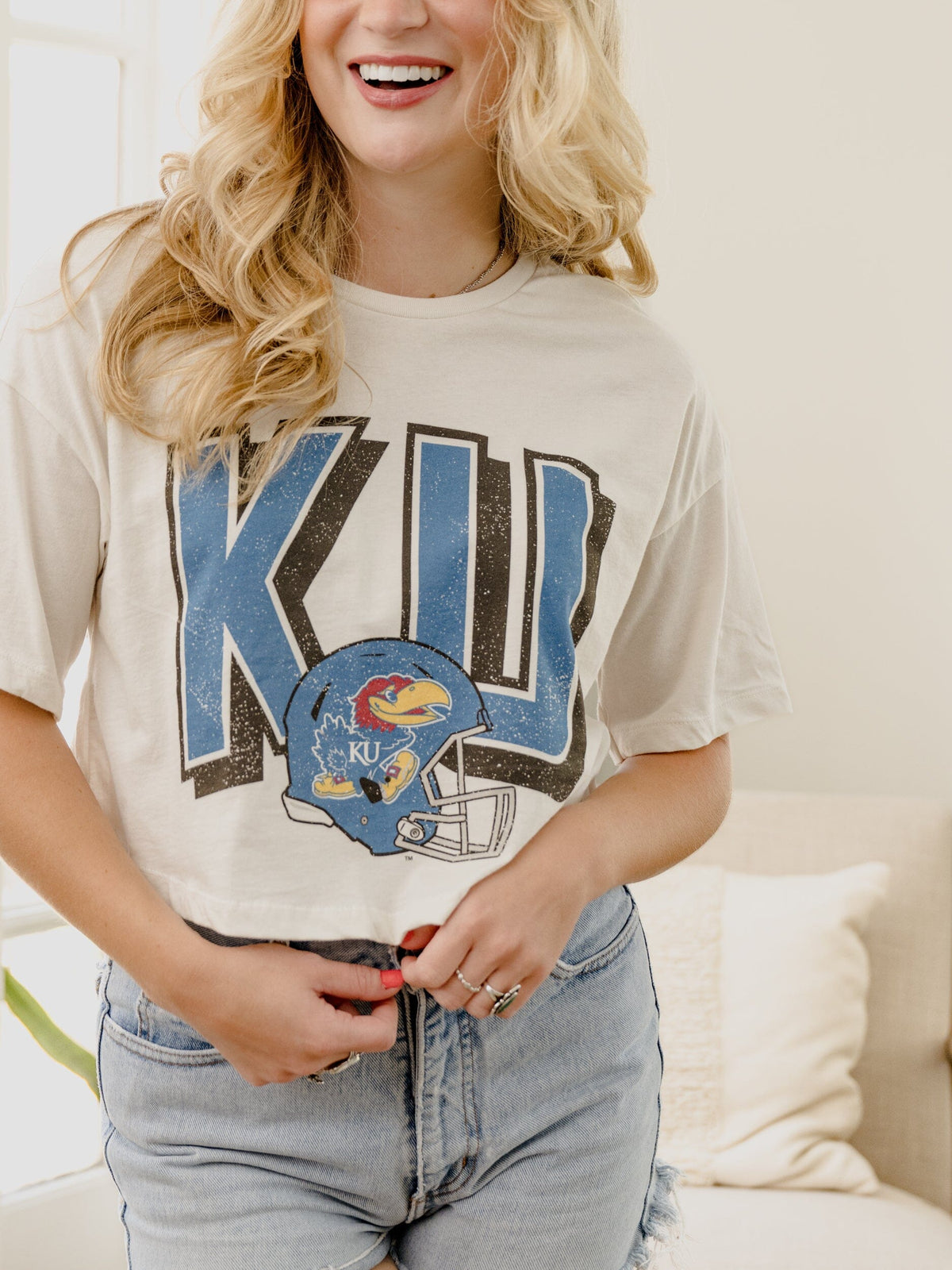 KU Jayhawks Helmet Fade Off White Cropped Tee