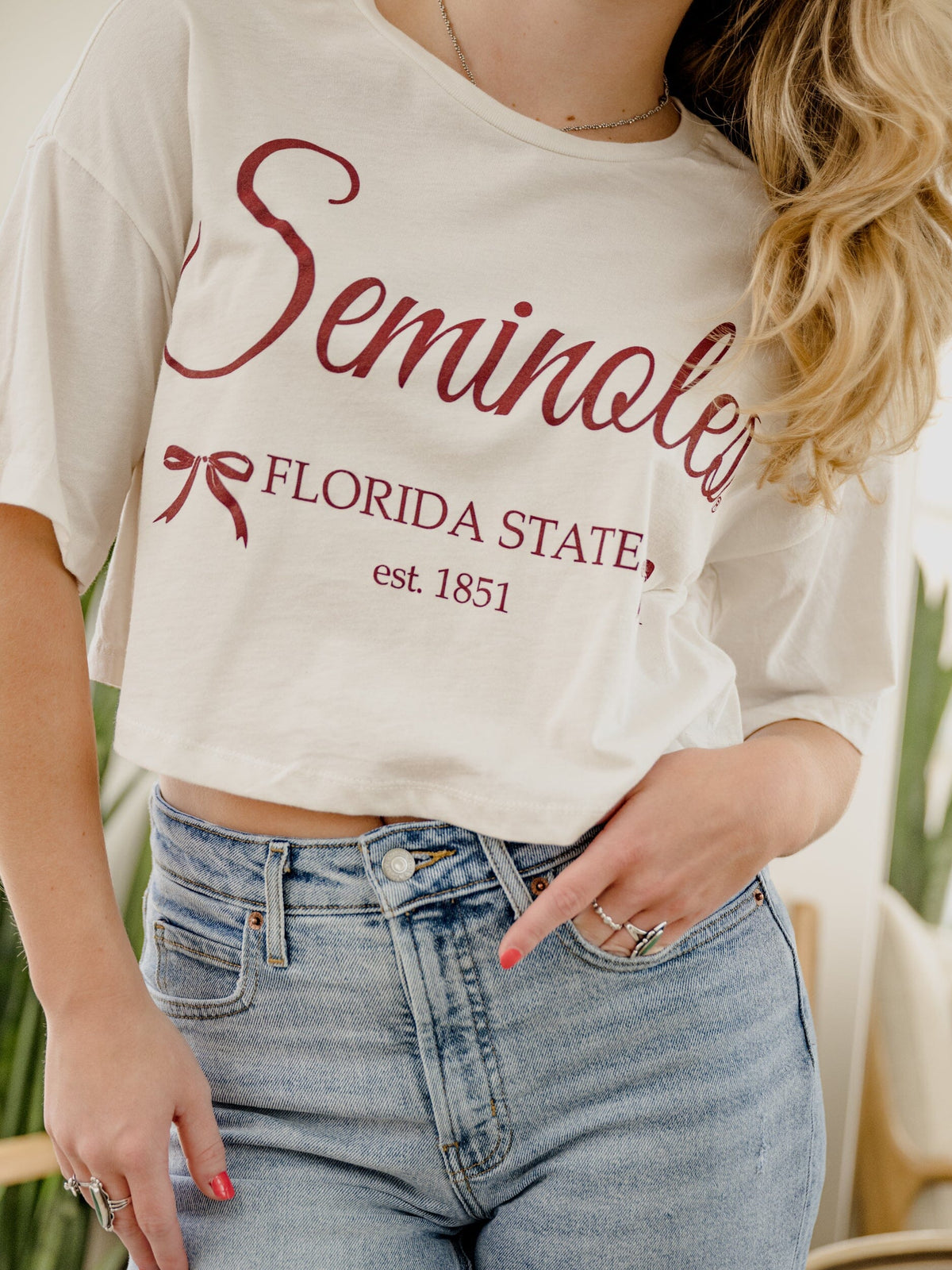 FSU Seminoles Established Bows Off White Cropped Tee