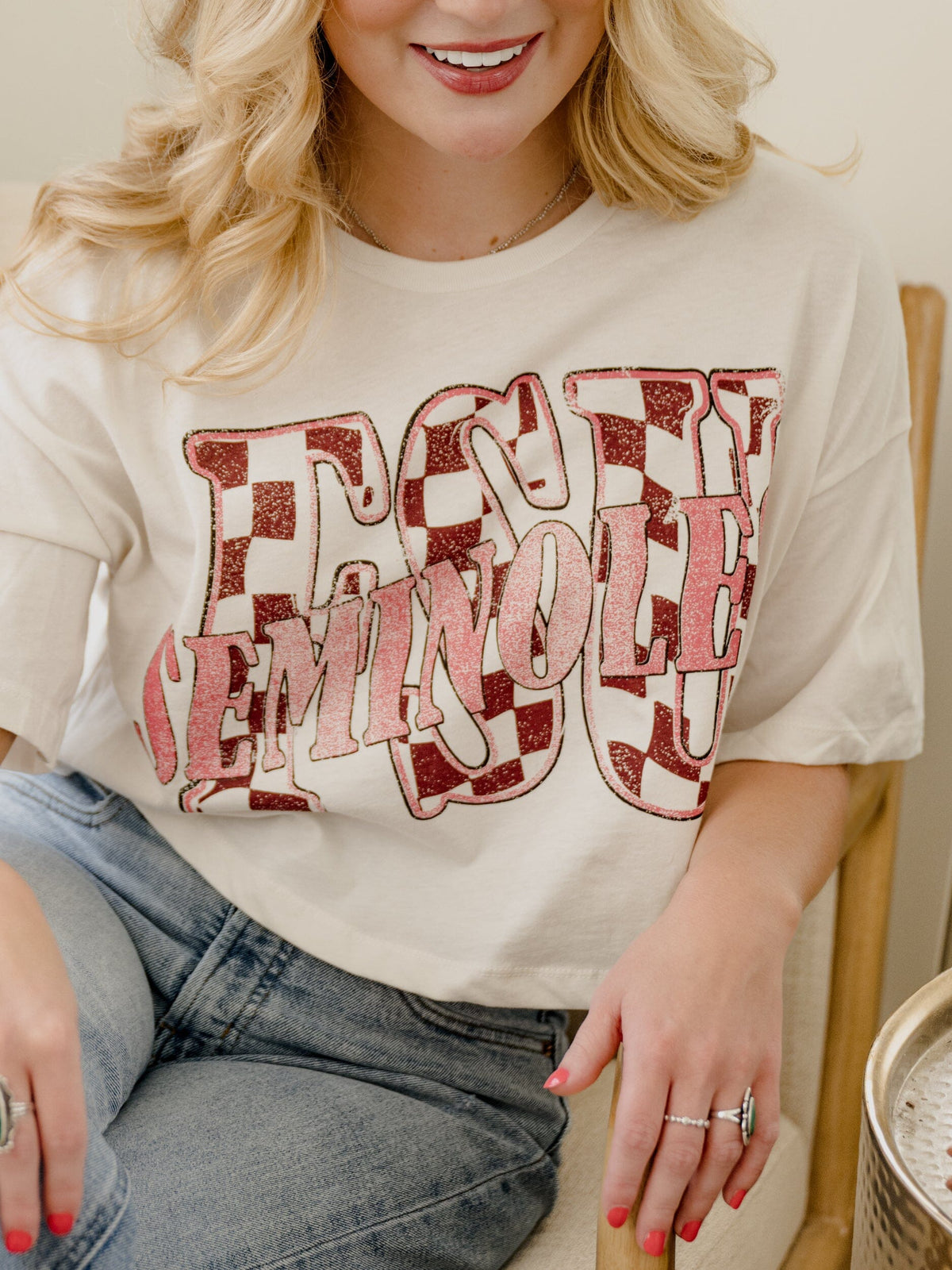 FSU Seminoles Twisted Check White Cropped Tee