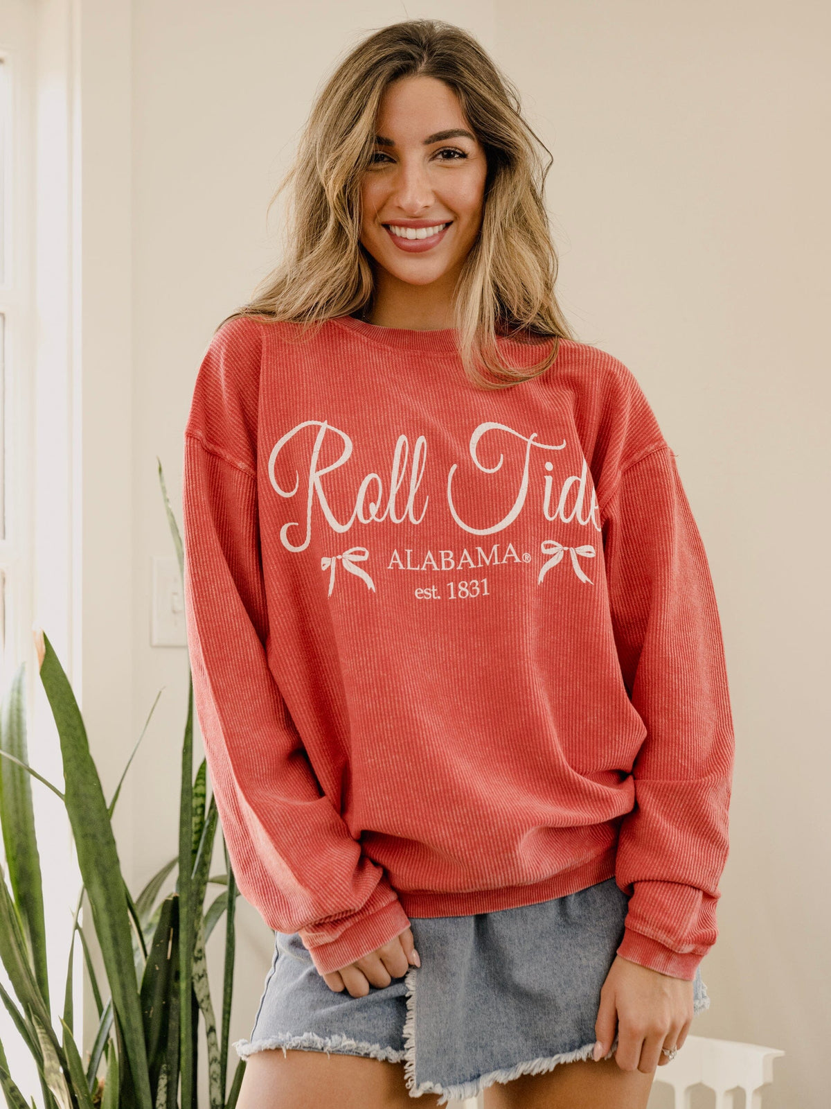 Bama Established Bows Red Corded Crew Sweatshirt