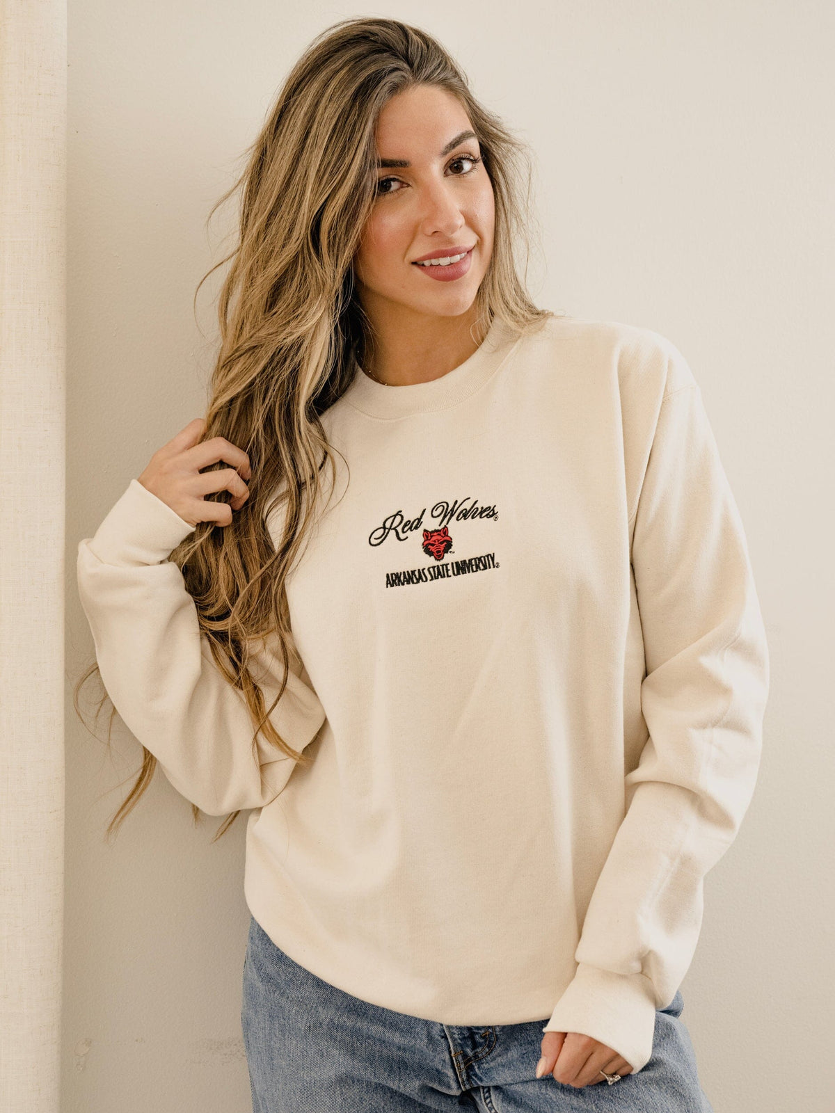 ASU Red Wolves Embroidered Script Cream Sweatshirt