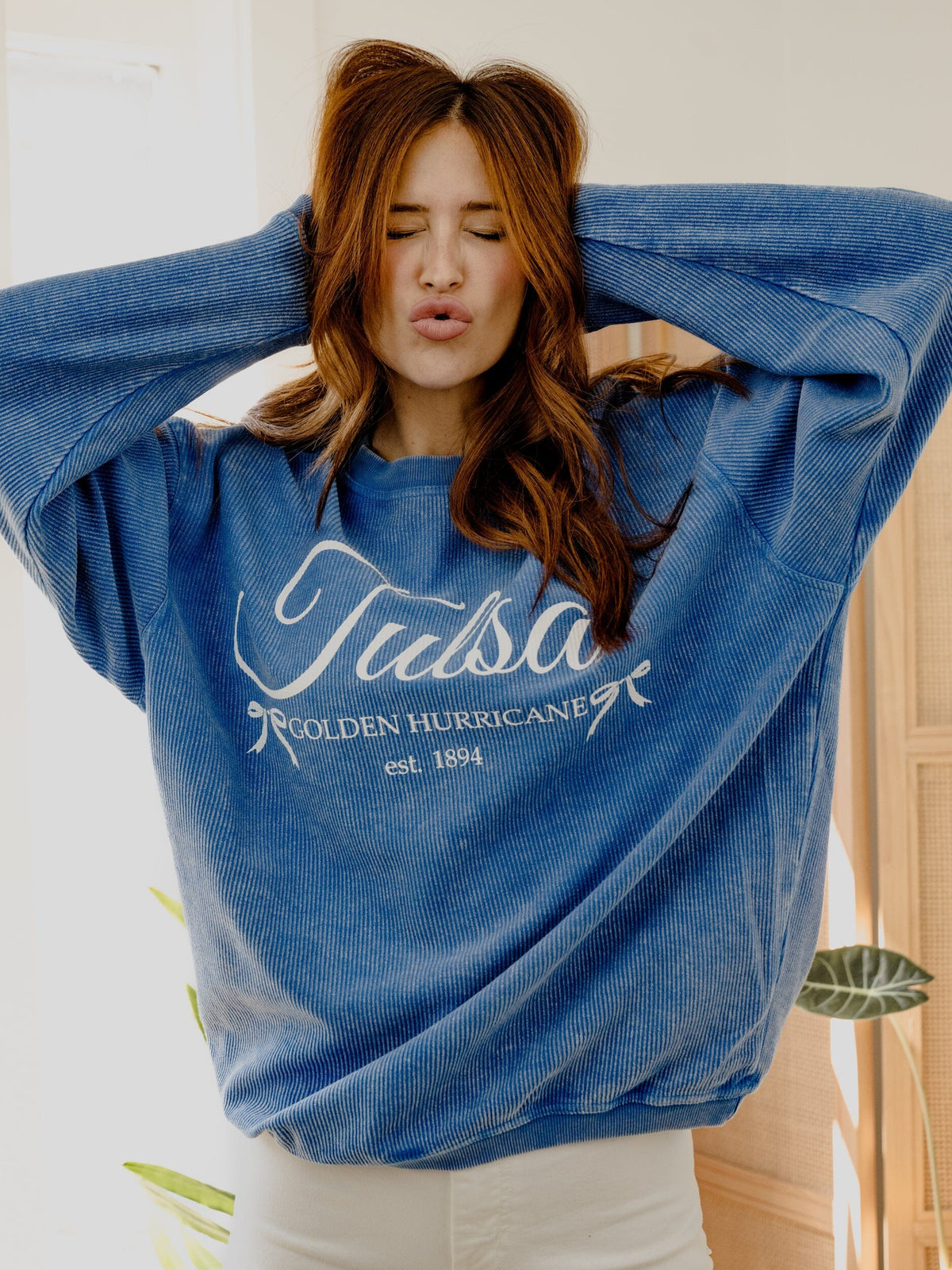 TU Established Bows Blue Corded Crew Sweatshirt