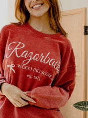 Arkansas Razorbacks Established Bows Red Corded Crew Sweatshirt