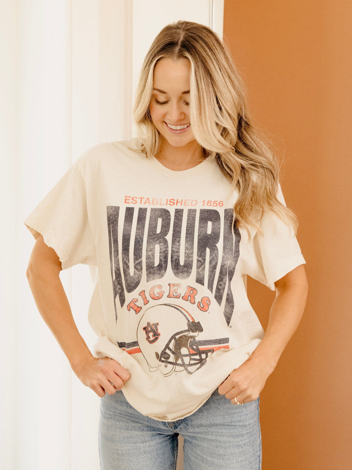 Auburn Tigers Established Date Helmet Off White Thrifted Tee