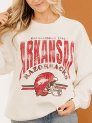 Arkansas Razorbacks Established Date Helmet White Thrifted Sweatshirt