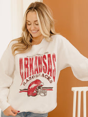 Arkansas Razorbacks Established Date Helmet White Thrifted Sweatshirt