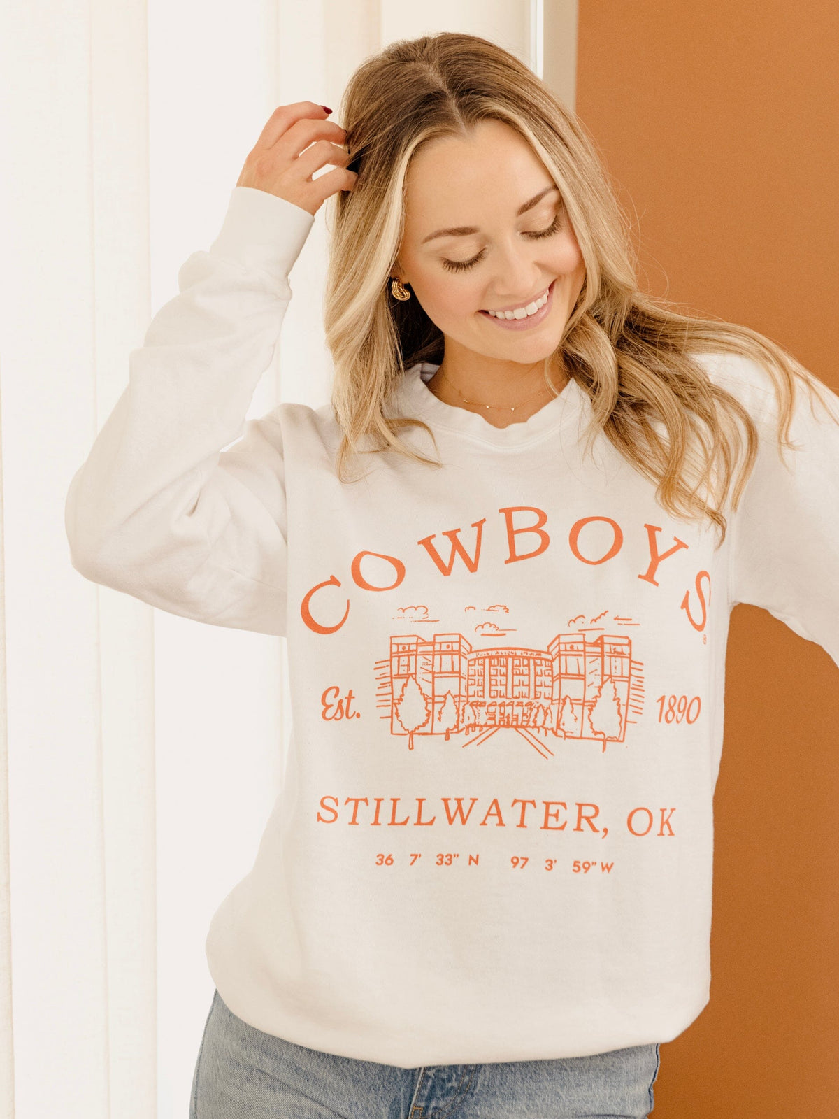 OSU Cowboys Stadium Coordinates White Sweatshirt