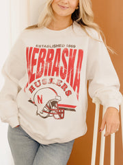 Nebraska Huskers Established Date Helmet White Thrifted Sweatshirt