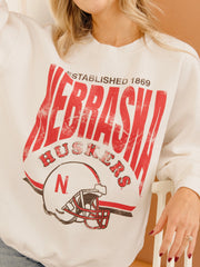 Nebraska Huskers Established Date Helmet White Thrifted Sweatshirt