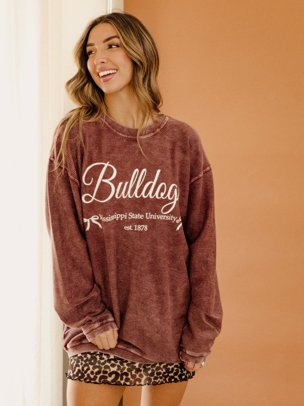 Mississippi State Bulldogs Established Bows Maroon Corded Crew Sweatshirt