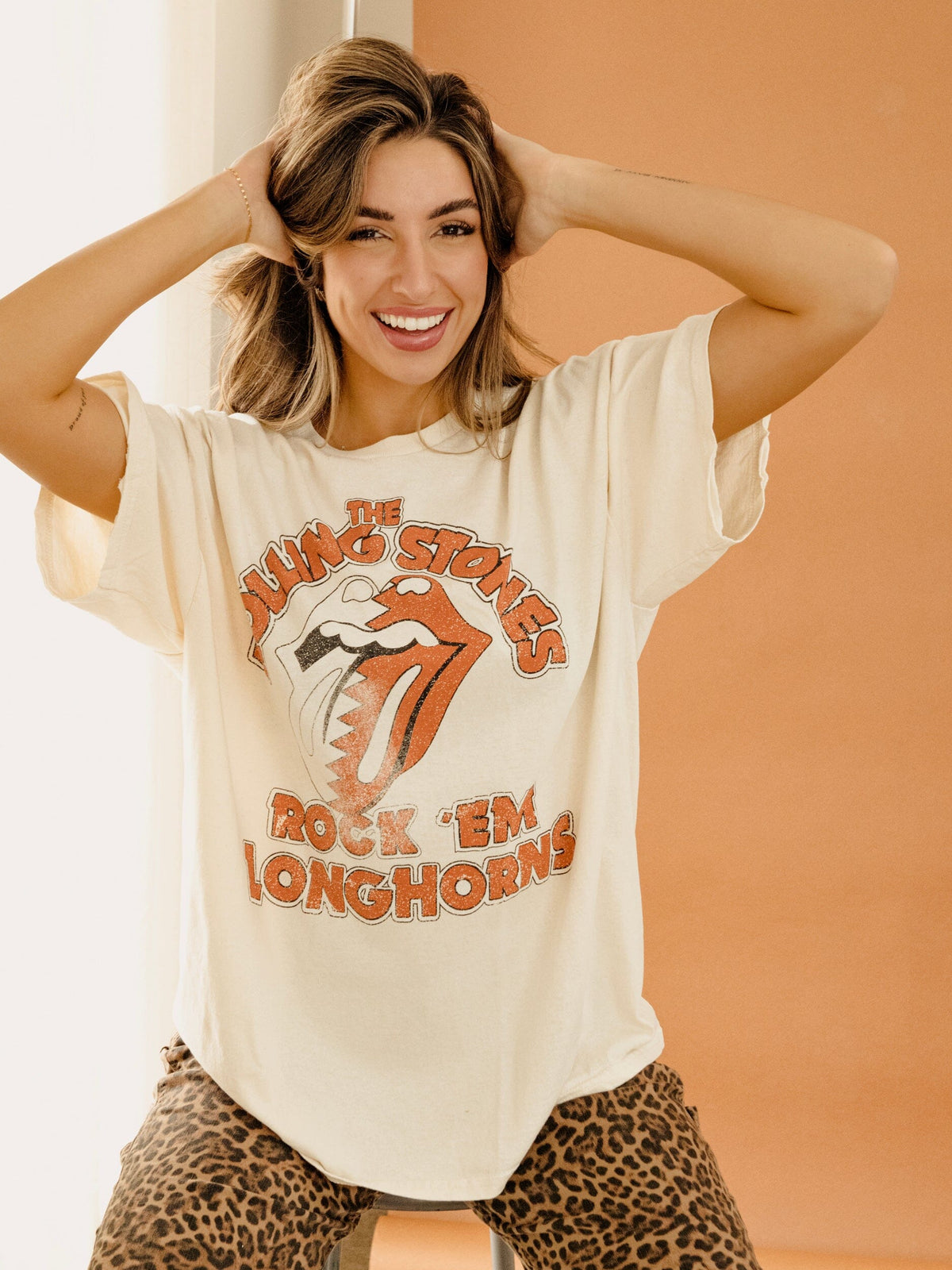 Rolling Stones Rock 'Em Longhorns Off White Thrifted Tee