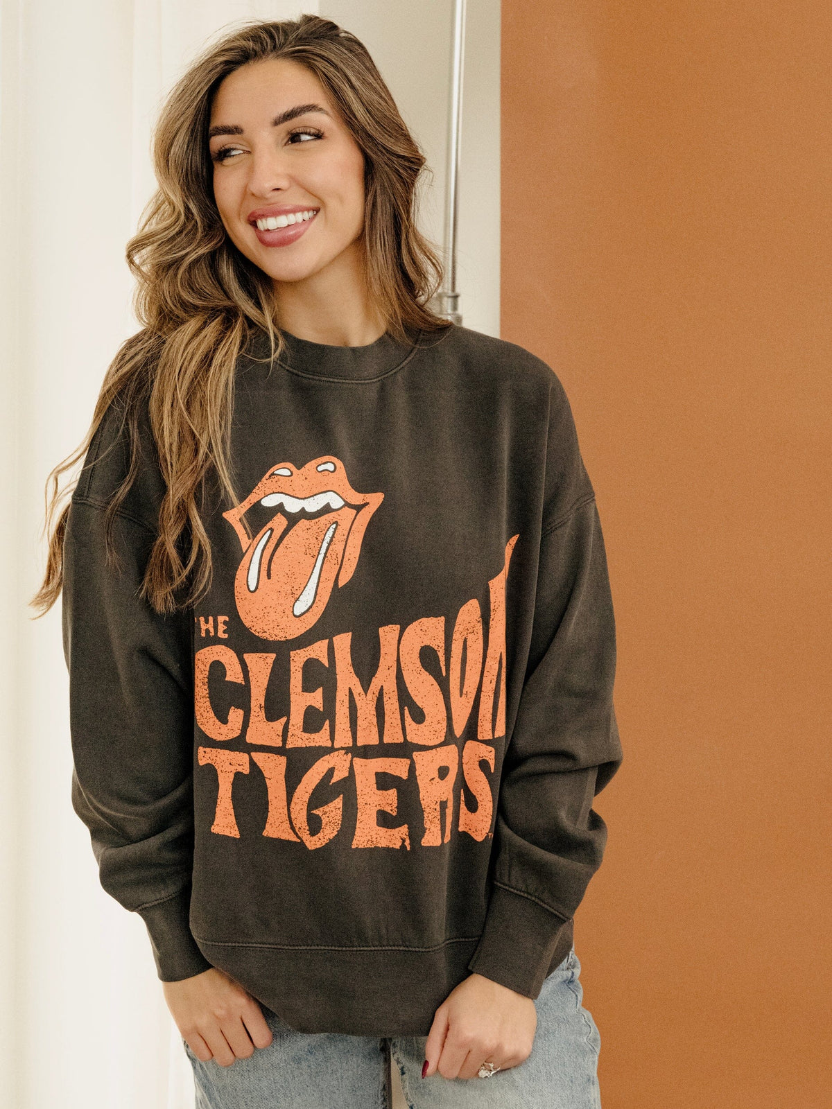 Rolling Stones Clemson Tigers Dazed Black Oversized Crew Sweatshirt