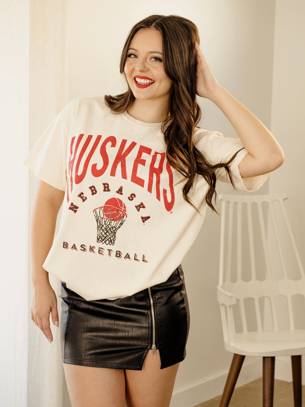 Nebraska Huskers Basketball Athletics Off White Thrifted Tee