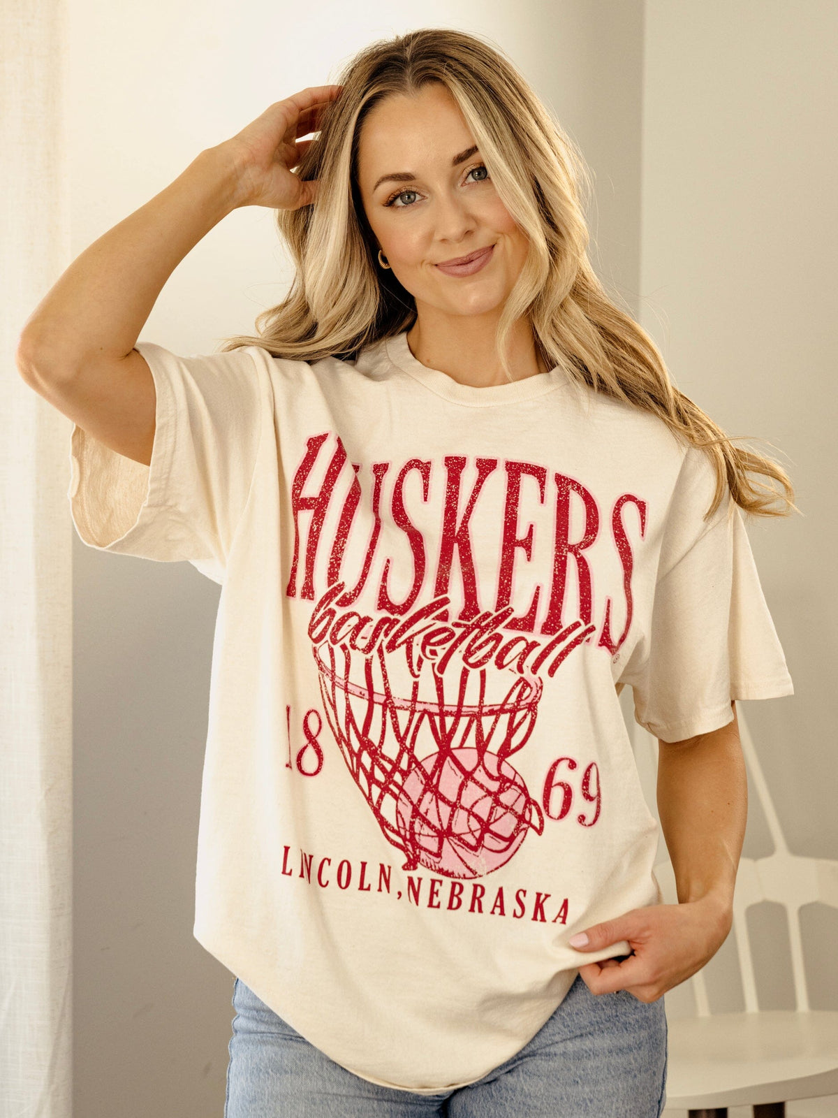 Nebraska Huskers Big Basketball Off White Thrifted Tee