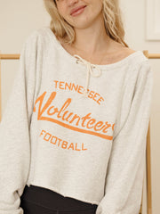 Tennessee Vols Football Stencil Tie Off Shoulder Gray Hi Dive Sweatshirt