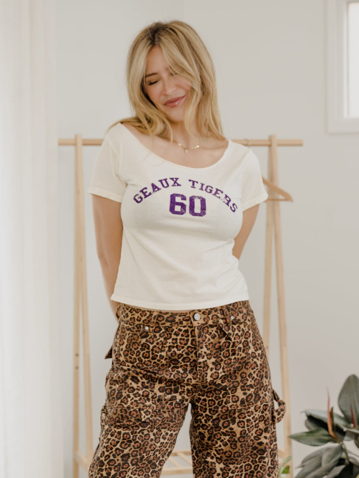 LSU Geaux Tigers College Arch Off White Off Shoulder Tee