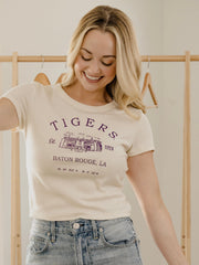 LSU Tigers Stadium Coordinates Off White Micro Cropped Tee