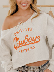 OSU Cowboys Football Stencil Tie Off Shoulder Gray Hi Dive Sweatshirt