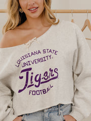 LSU Tigers Football Stencil Tie Off Shoulder Gray Hi Dive Sweatshirt