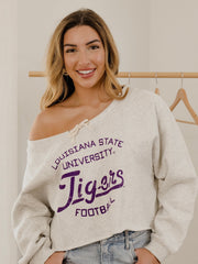 LSU Tigers Football Stencil Tie Off Shoulder Gray Hi Dive Sweatshirt