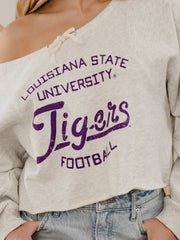 LSU Tigers Football Stencil Tie Off Shoulder Gray Hi Dive Sweatshirt