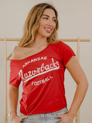 Arkansas Razorbacks Football Stencil Red Off Shoulder Tee