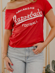 Arkansas Razorbacks Football Stencil Red Off Shoulder Tee