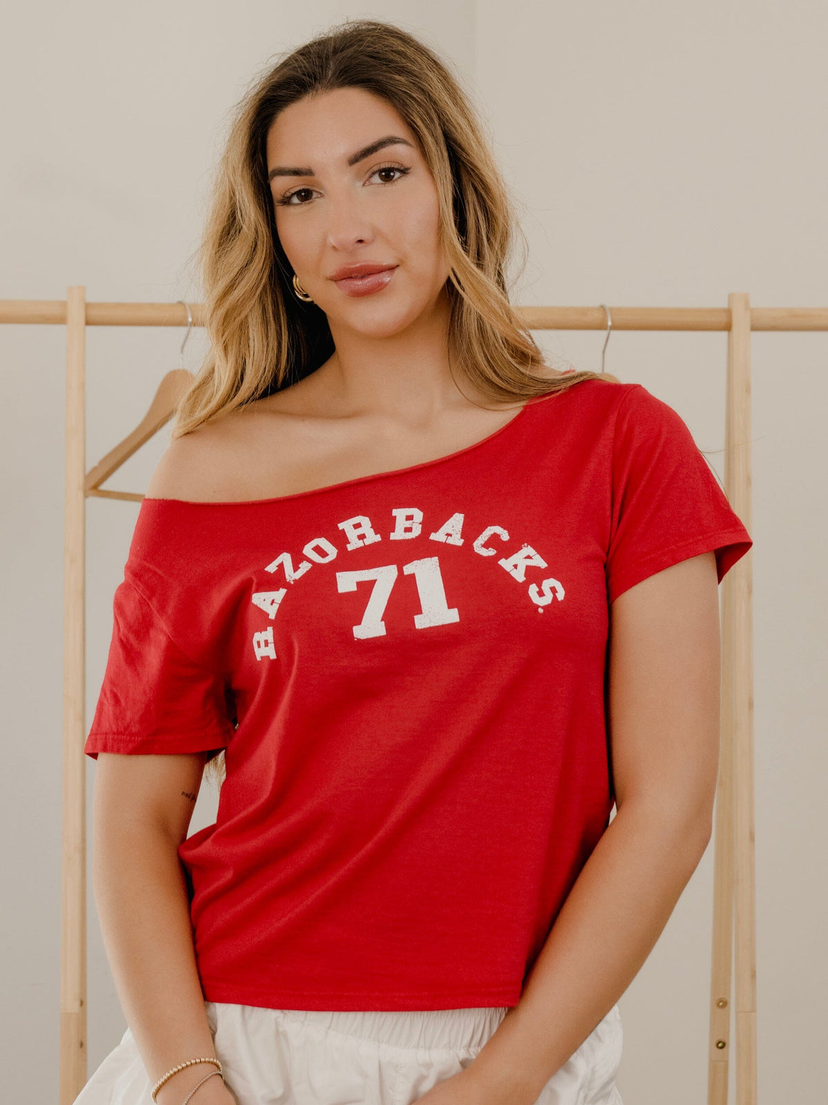 Arkansas Razorbacks College Arch Red Off Shoulder Tee