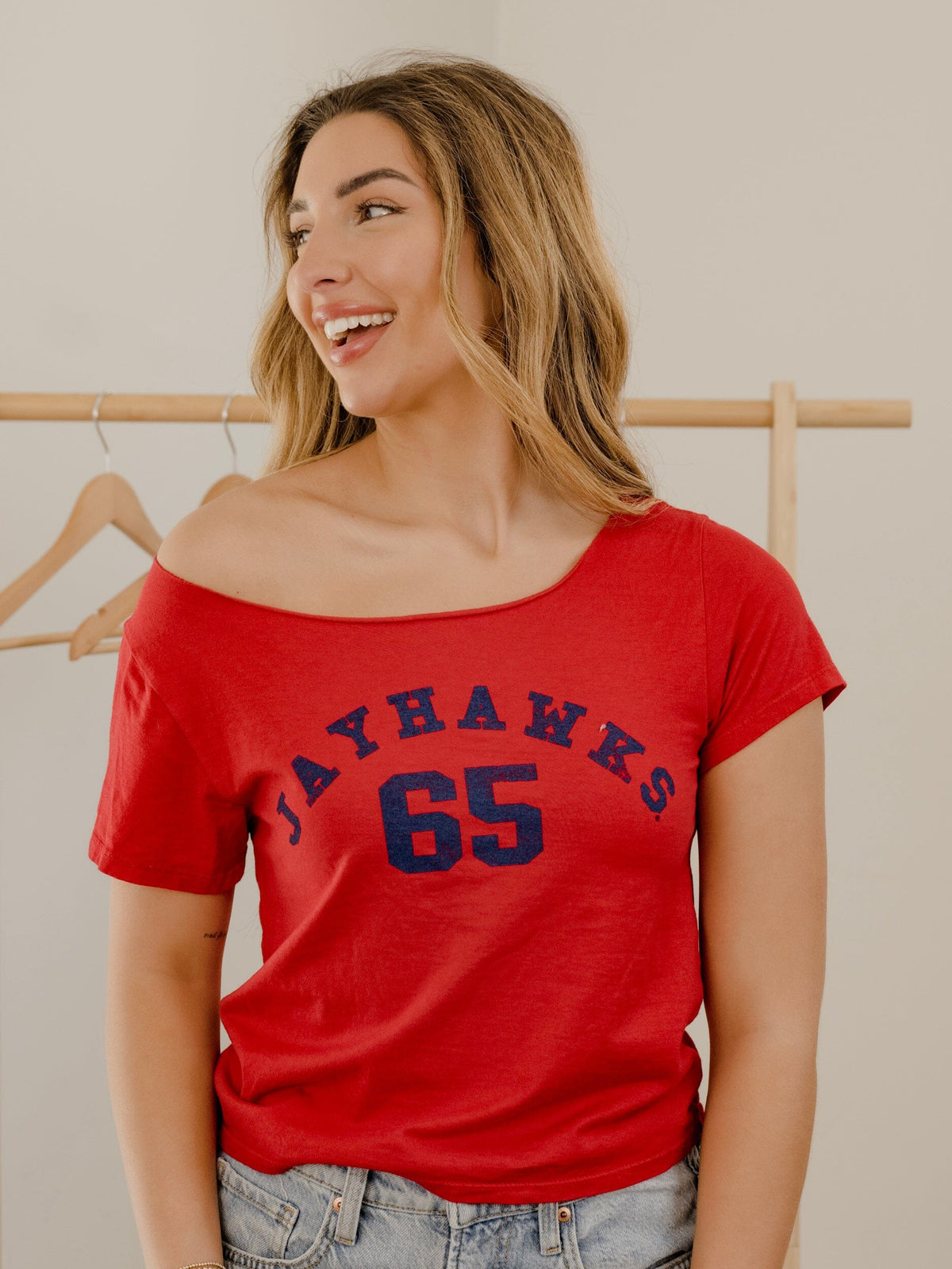 Kansas Jayhawks College Arch Red Off Shoulder Tee