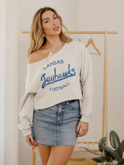 KU Jayhawks Football Stencil Tie Off Shoulder Gray Hi Dive Sweatshirt