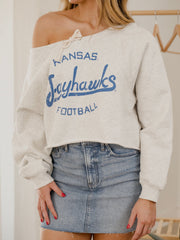 KU Jayhawks Football Stencil Tie Off Shoulder Gray Hi Dive Sweatshirt