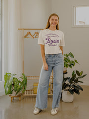 LSU Tigers Football Stencil Off White Cropped Tee