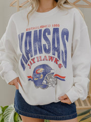 KU Jayhawks Established Date Helmet White Thrifted Sweatshirt