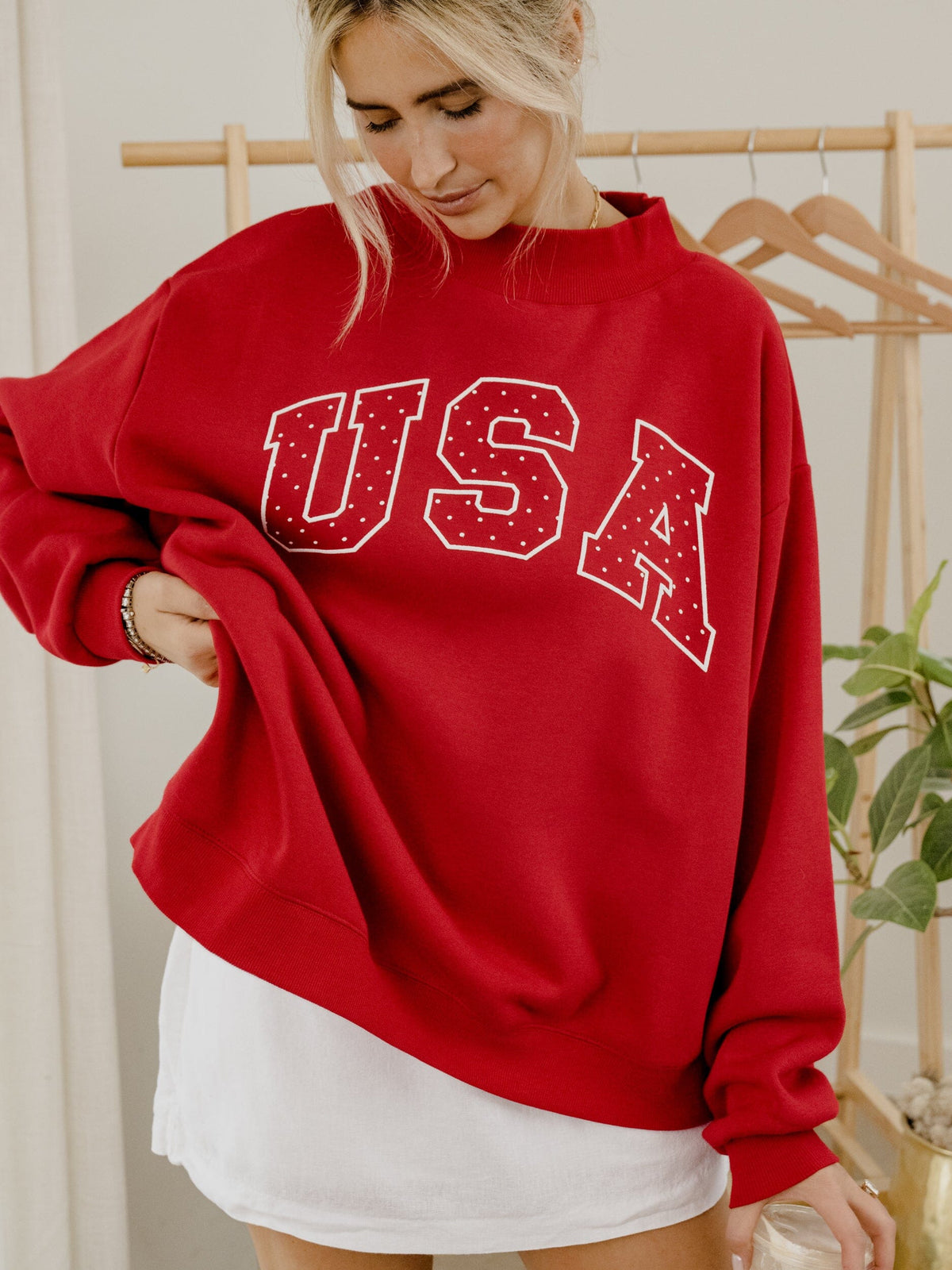 USA Polka Dot Puff Ink Weekend Red Mock Neck Sweatshirt