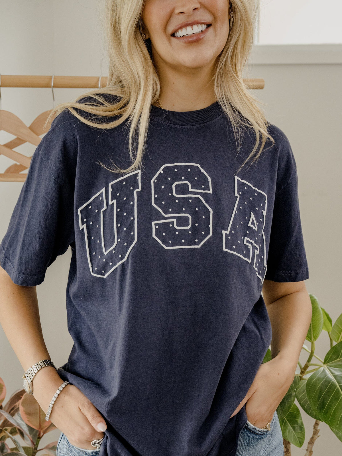 USA Polka Dot Puff Ink Navy Comfort Colors Tee
