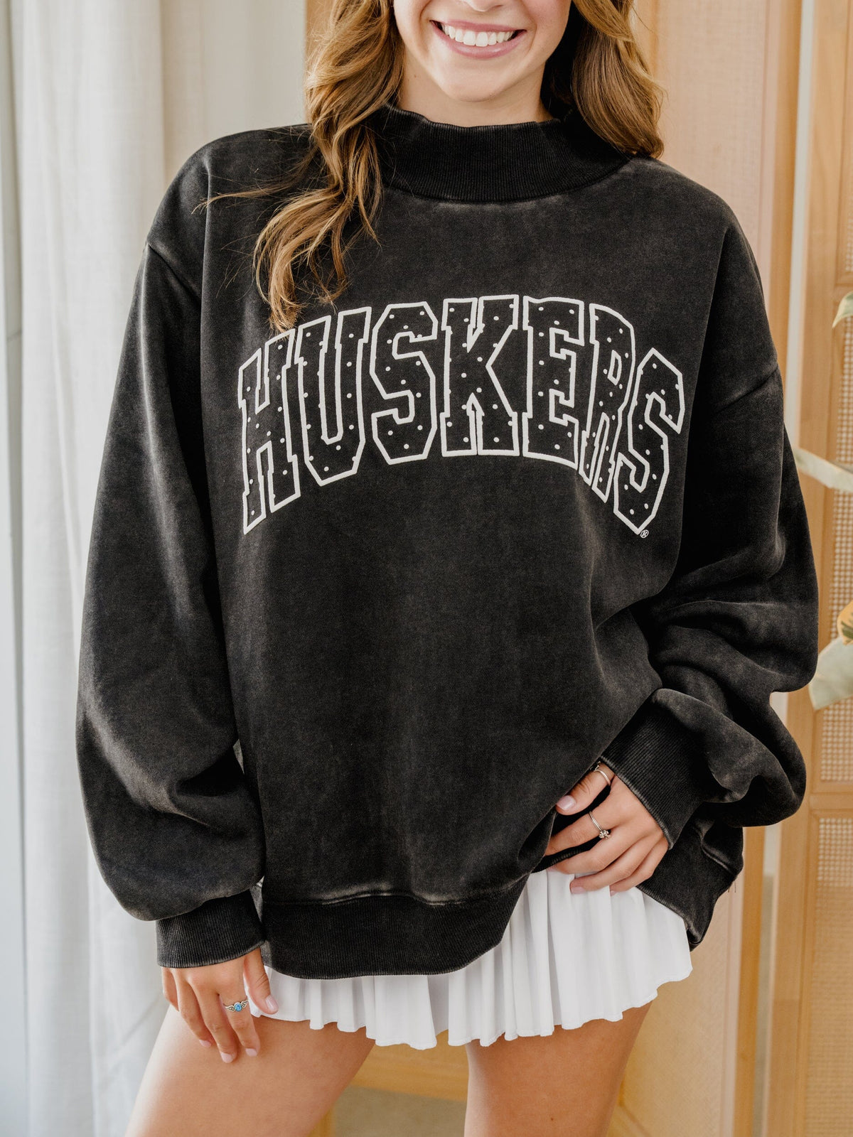 Nebraska Huskers Polka Dot Puff Ink Weekend Black Mock Neck Sweatshirt