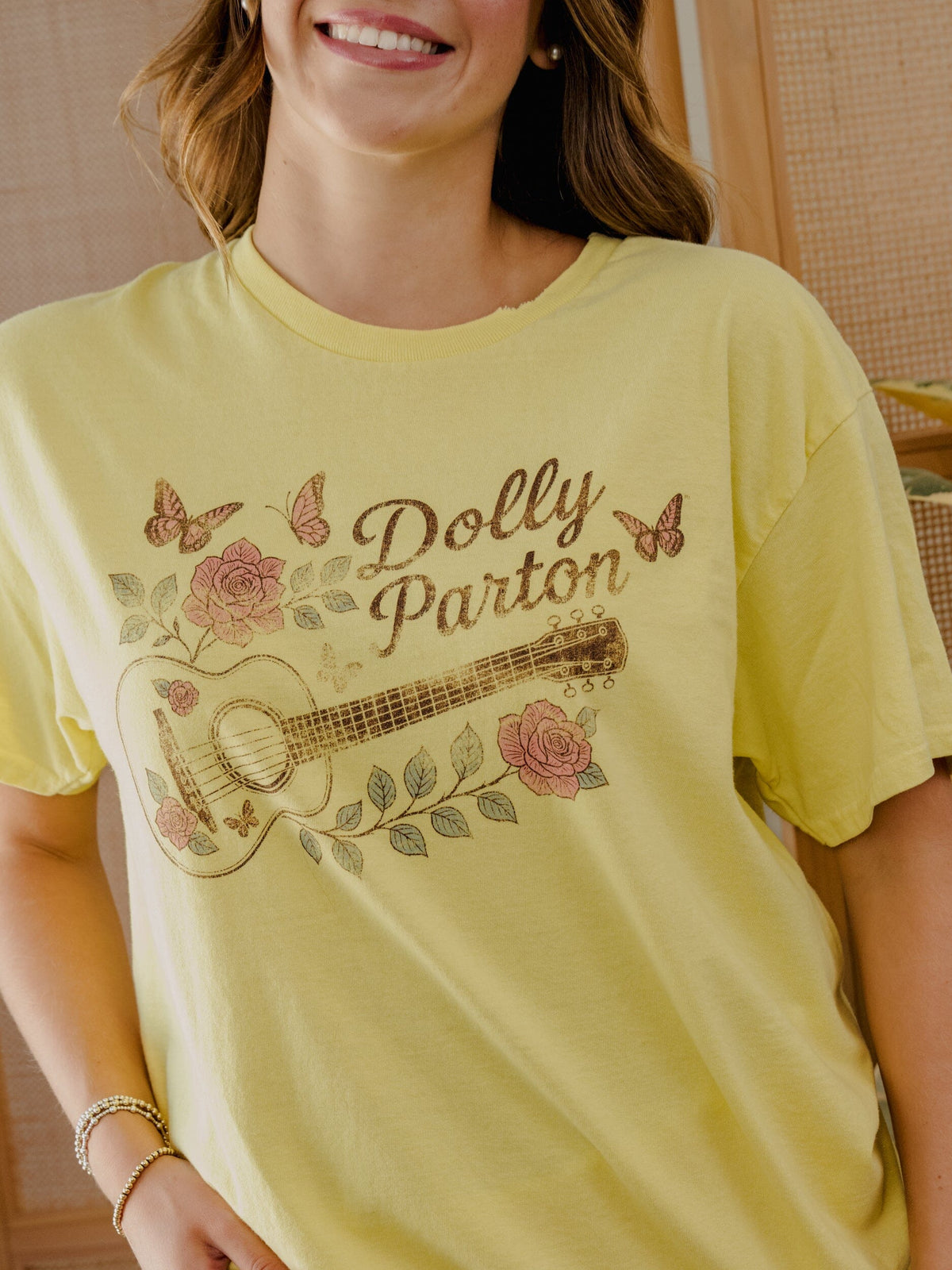 Dolly Parton Guitar Rose Yellow Thrifted Distressed Tee