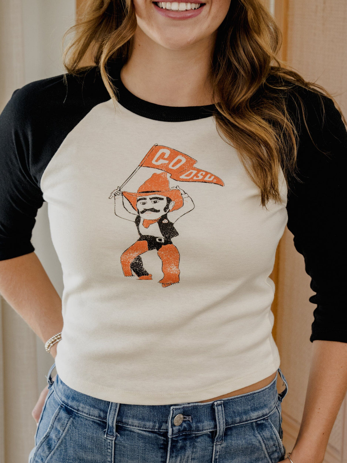 OSU Cowboys Mascot Flag Black/Natural LS Micro Raglan