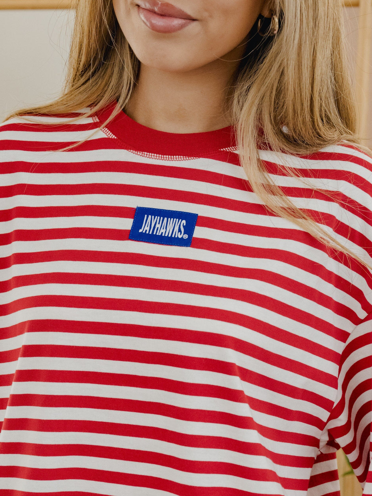 KU Jayhawks Block Stich Red/White Stripe Long Sleeve Top