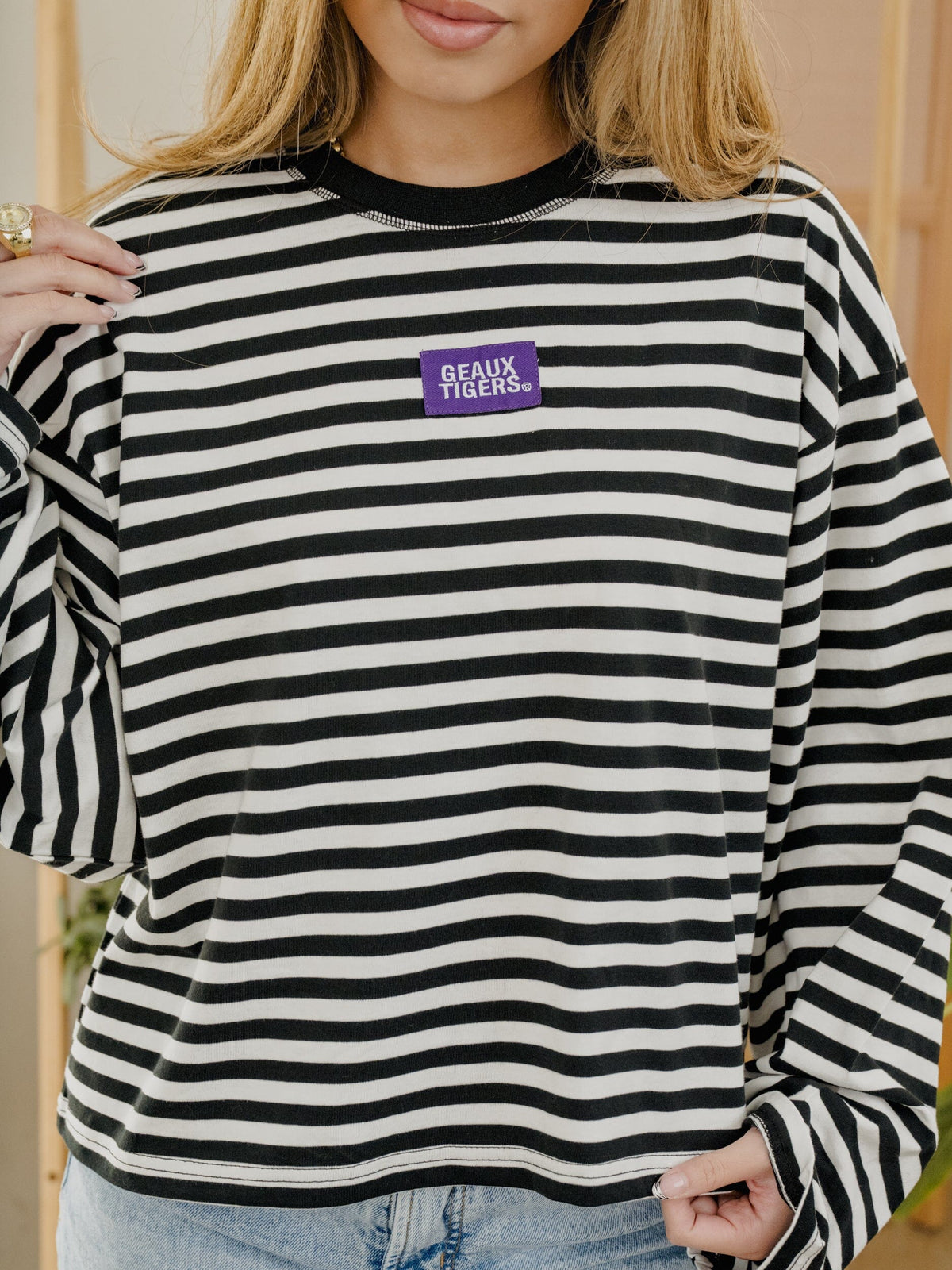 LSU Tigers Block Stich Black/White Stripe Long Sleeve Top
