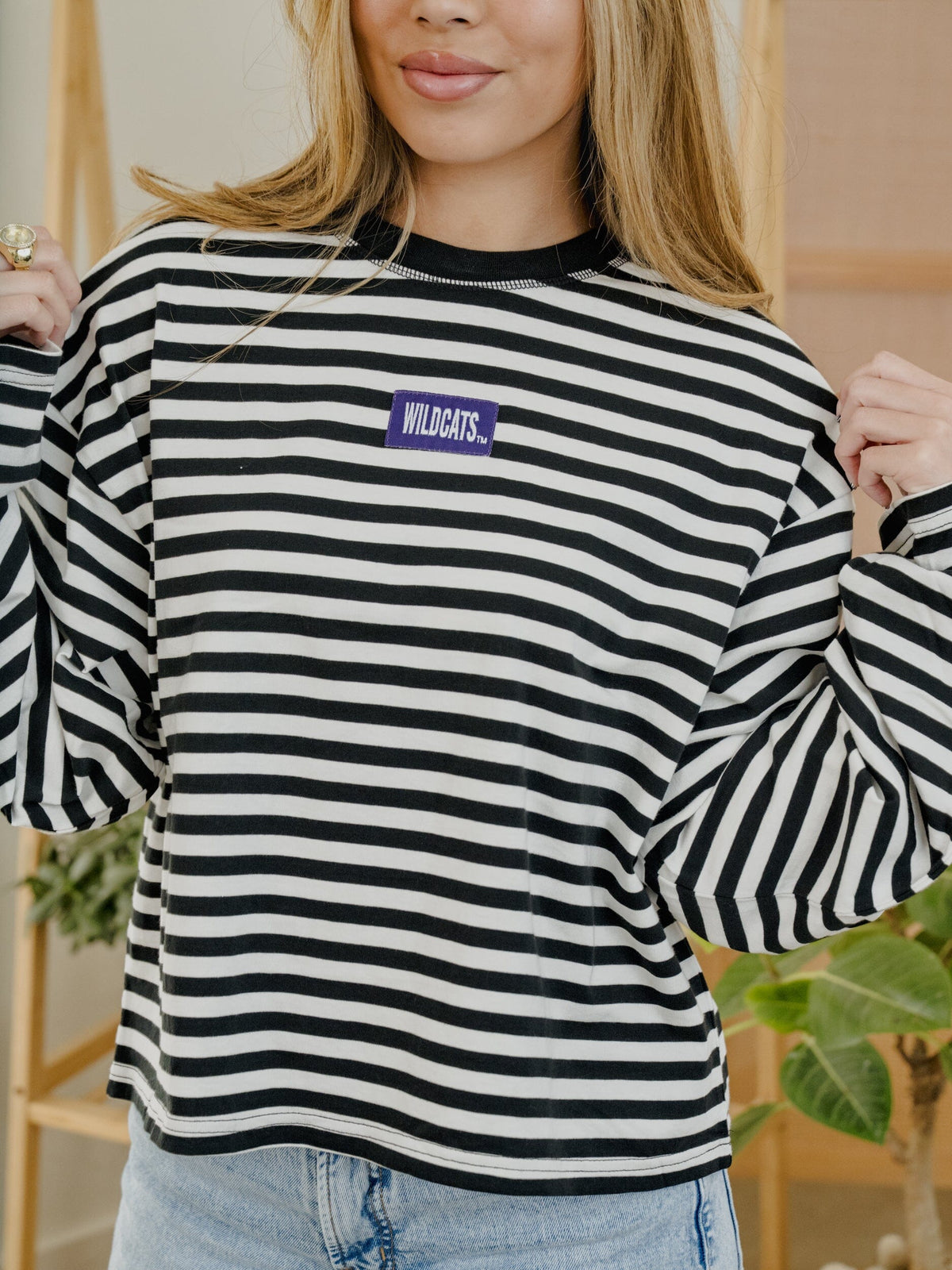 KSU Wildcats Block Stich Black/White Stripe Long Sleeve Top