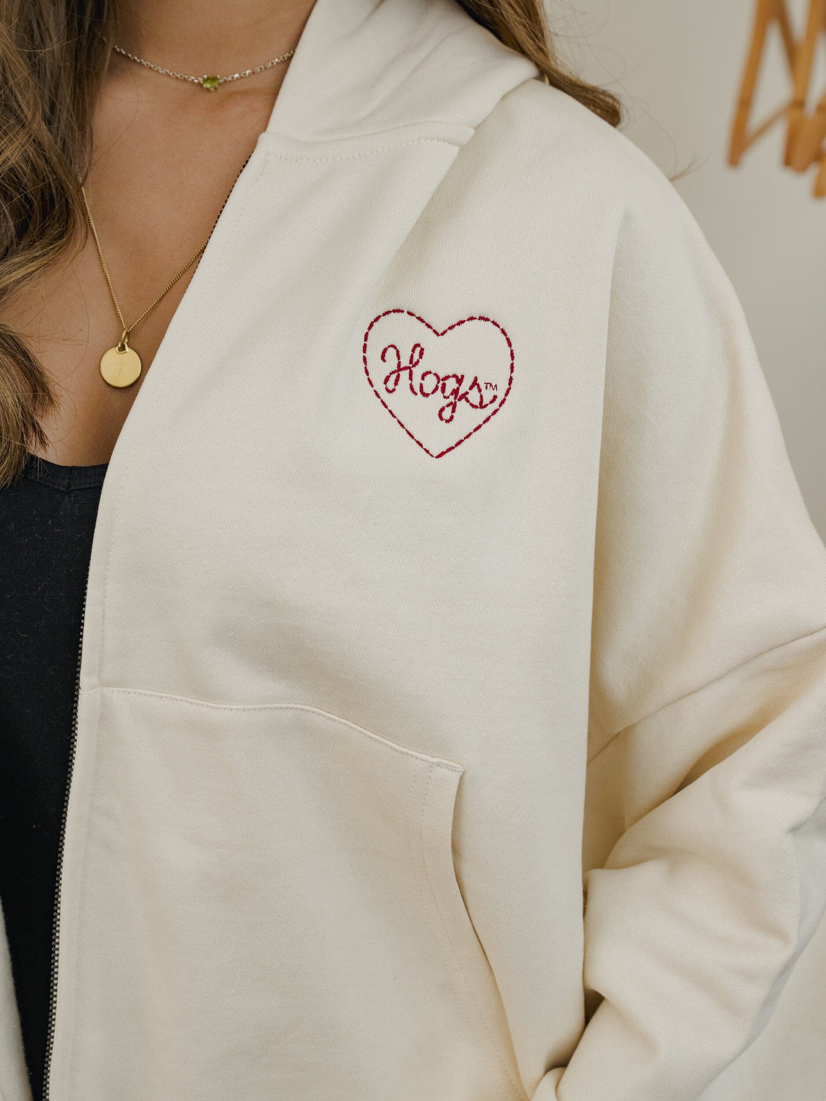 Arkansas Razorbacks Heart Stitch Embroidered Off White Zip Up Hoodie