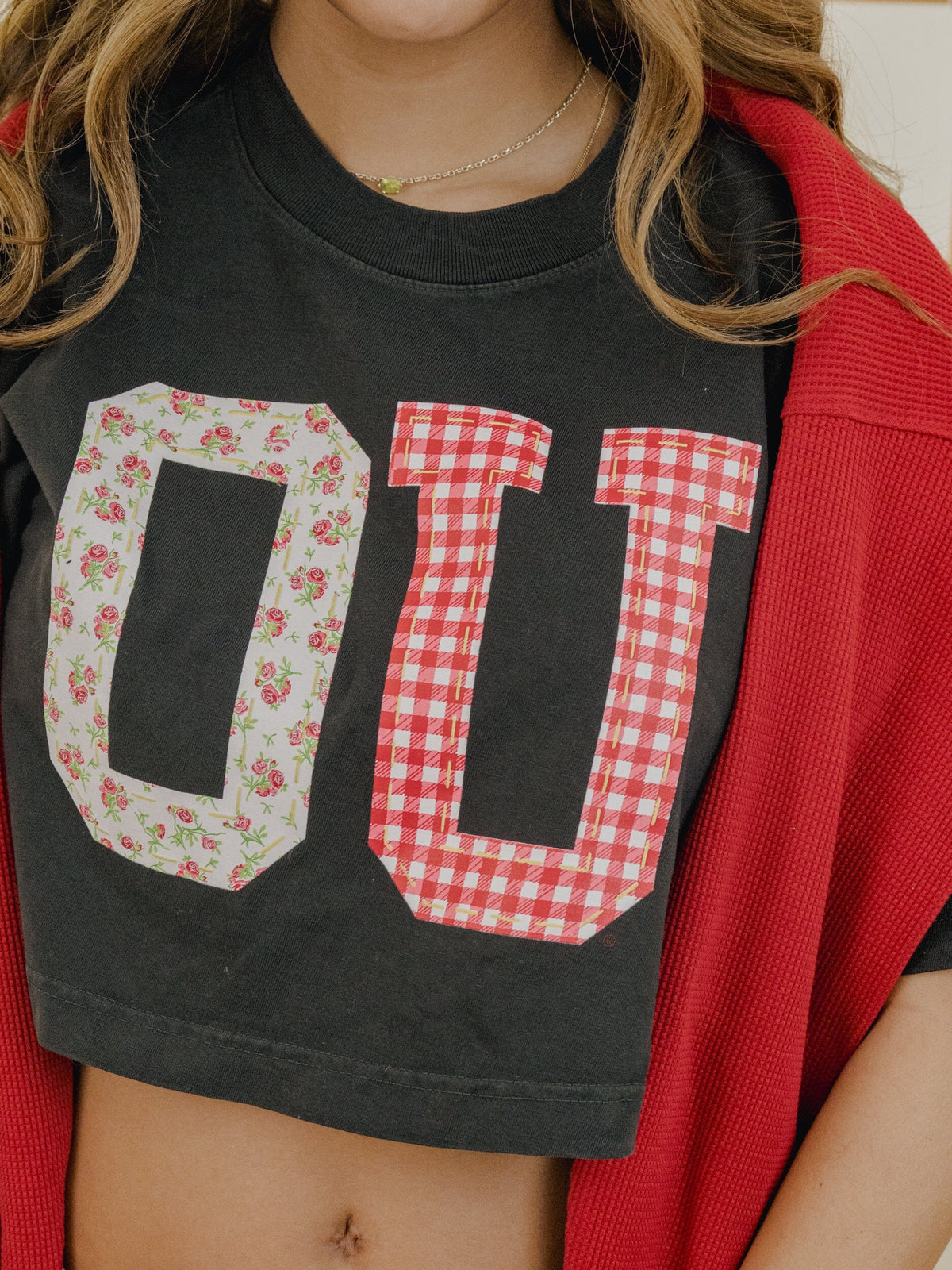 OU Sooners Quilted Puff Ink Washed Black Heavyweight Cropped Tee