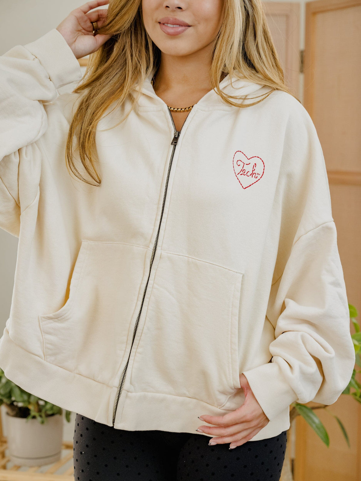 Texas Tech Heart Stitch Embroidered Off White Zip Up Hoodie