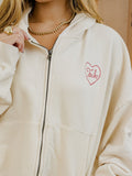 Texas Tech Heart Stitch Embroidered Off White Zip Up Hoodie