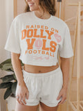 Raised on Dolly Parton & TN Vols Pink Football Off White Heavyweight Cropped Tee