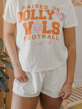 Raised on Dolly Parton & TN Vols Pink Football Natural Ellie Heavyweight Tee