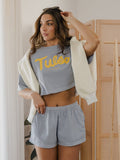 TU Golden Hurricane Bold Script Denim Blue Heavyweight Cropped Tee